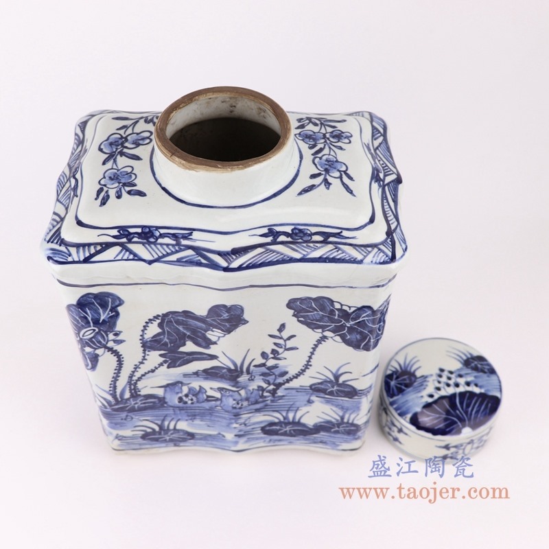 青花长方形鱼草纹扁罐子；产品编号：RZKJ02-B       产品尺寸(单位cm):  高：38直径：26口径：10底径：25重量：6.25KG