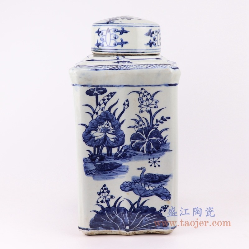 青花长方形仙桃扁罐子；产品编号：RZKJ02-C       产品尺寸(单位cm):  高：38直径：26口径：10底径：25重量：6.25KG