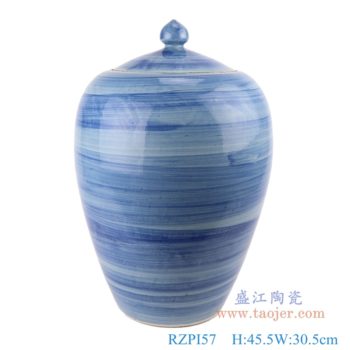 RZPI57     青花条纹尖盖米缸；   高：45.5直径：30.5口径：18.7底径：18.2重量：8.3KG