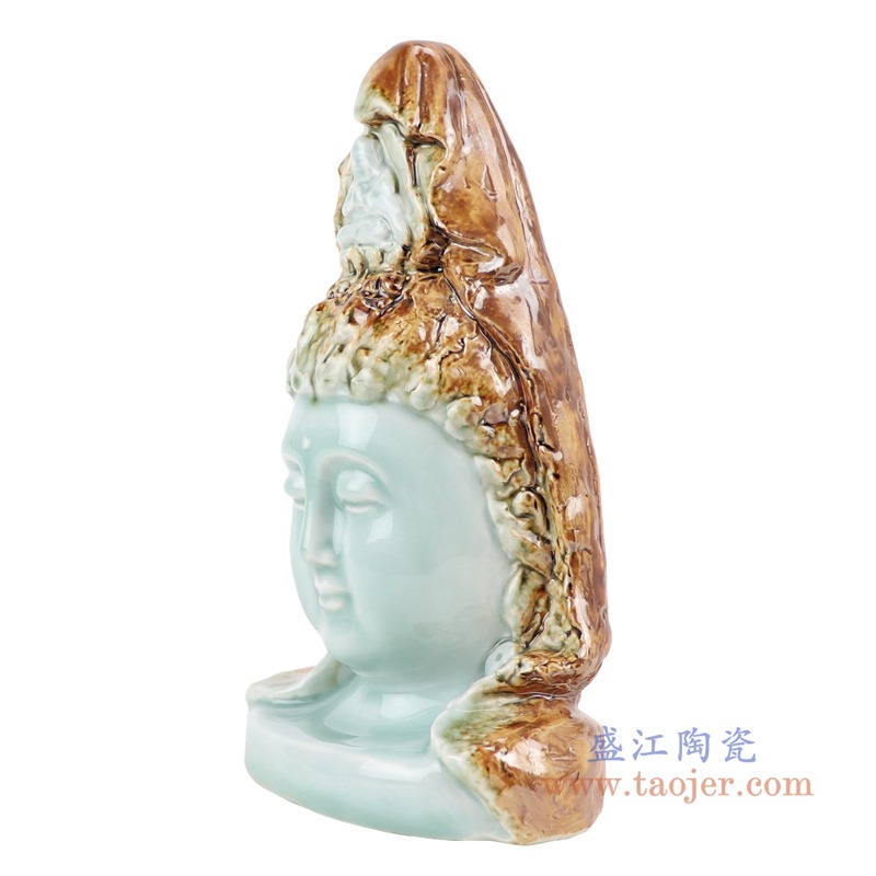颜色釉影青窑变釉雕刻观音菩萨雕塑佛头佛像；产品编号：RZQW06-B       产品尺寸(单位cm):  高：22直径：13.3口径：底径：重量：0.6KG