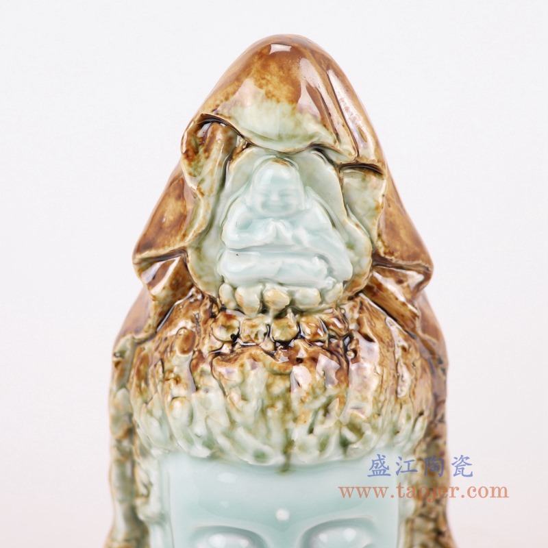 颜色釉影青窑变釉雕刻观音菩萨雕塑佛头佛像；产品编号：RZQW06-B       产品尺寸(单位cm):  高：22直径：13.3口径：底径：重量：0.6KG