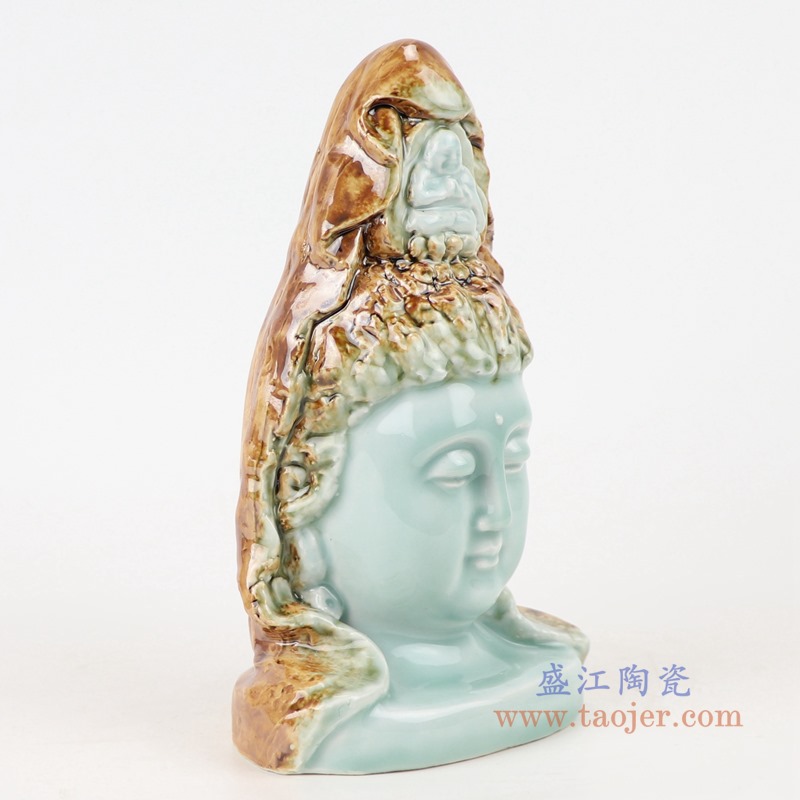 颜色釉影青窑变釉雕刻观音菩萨雕塑佛头佛像；产品编号：RZQW06-B       产品尺寸(单位cm):  高：22直径：13.3口径：底径：重量：0.6KG