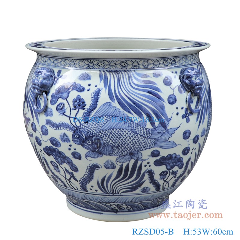 青花鱼荷花大缸鱼缸水缸；产品编号：RZSD05-B       产品尺寸(单位cm):  高：53直径：60口径：56底径：33.5重量：KG