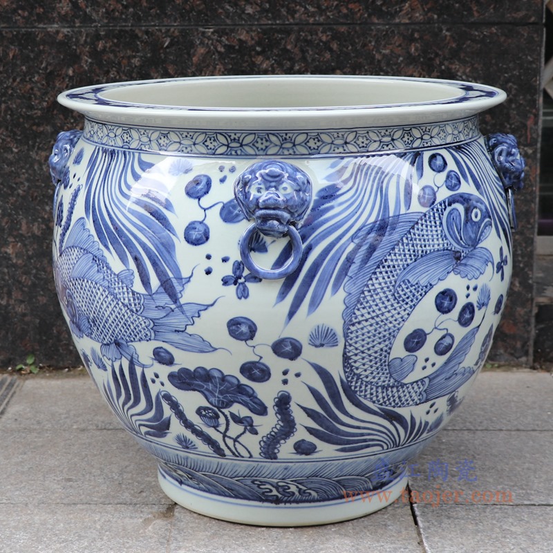 青花鱼荷花大缸鱼缸水缸；产品编号：RZSD05-B       产品尺寸(单位cm):  高：53直径：60口径：56底径：33.5重量：KG