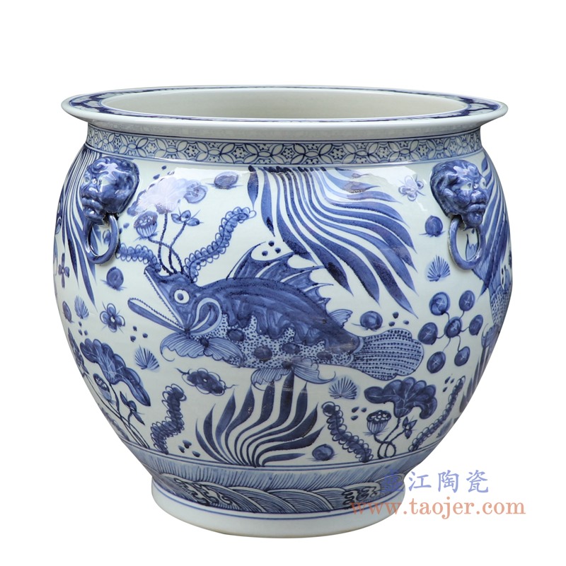 青花鱼荷花大缸鱼缸水缸；产品编号：RZSD05-B       产品尺寸(单位cm):  高：53直径：60口径：56底径：33.5重量：KG