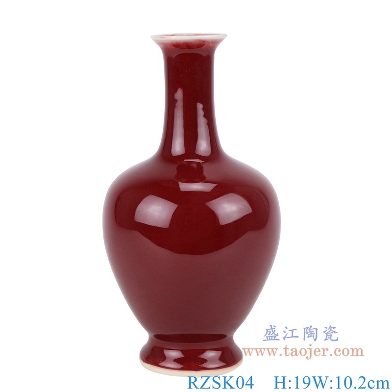 郎红釉小花瓶长小颈花瓶；产品编号：RZSK04       产品尺寸(单位cm):  高：19直径：10.2口径：4.2底径：6重量：0.4KG