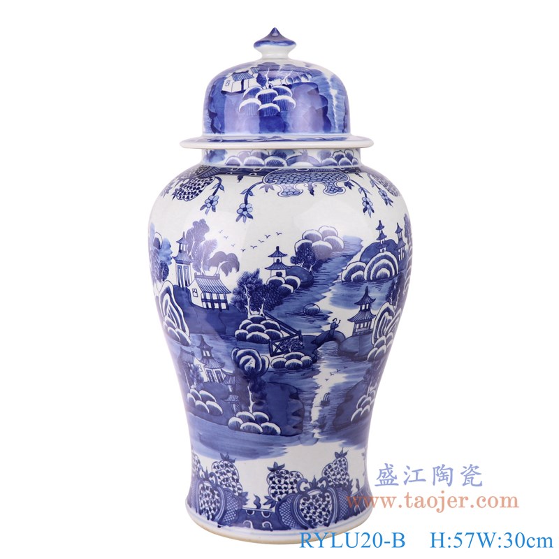 青花梧桐山水将军罐;产品编号:RYLU20-B 产品尺寸(单位cm): 高:57直径:30口径:18底径:23重量:11KG