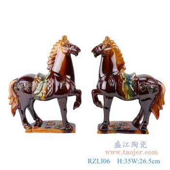RZLI06    唐三彩雕刻雕塑马一对；    高：35直径：26.5口径：底径：重量：1.65KG