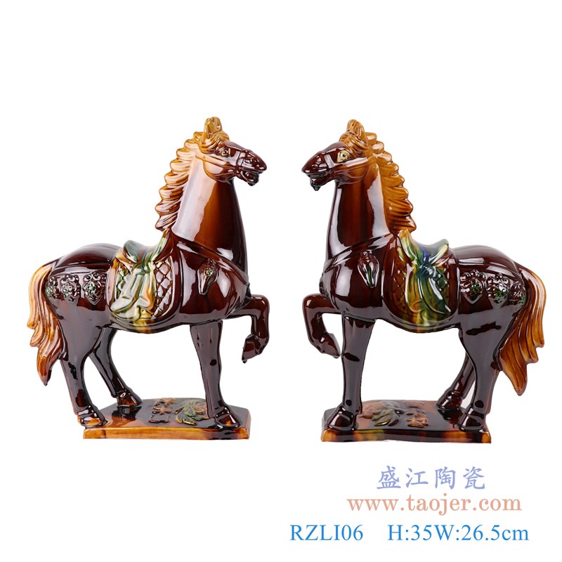 唐三彩雕刻雕塑马一对;产品编号:RZLI06 产品尺寸(单位cm): 高:35直径:26.5口径:底径:重量:1.65KG