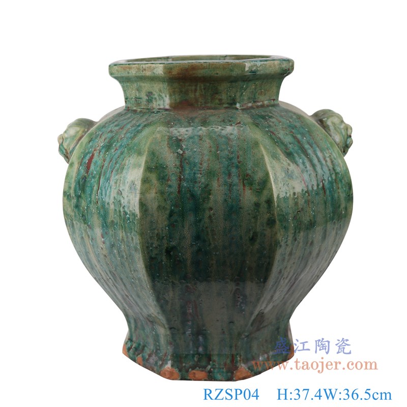 仿古窑变绿釉双耳狮子头八面八方缸;产品编号:RZSP04 产品尺寸(单位cm): 高:37.4直径:36.5口径:23底径:23重量:8.2KG
