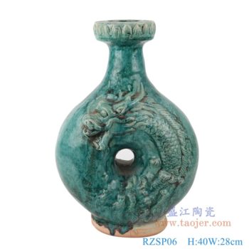 RZSP06   仿古窑变绿釉雕刻龙纹空心瓶    高：40直径：28口径：10.5底径：13重量：5.4KG