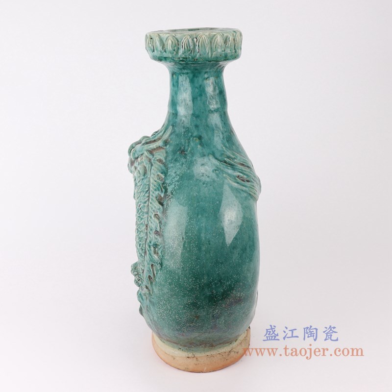 仿古窑变绿釉雕刻龙纹空心瓶;产品编号:RZSP06 产品尺寸(单位cm): 高:40直径:28口径:10.5底径:13重量:5.4KG