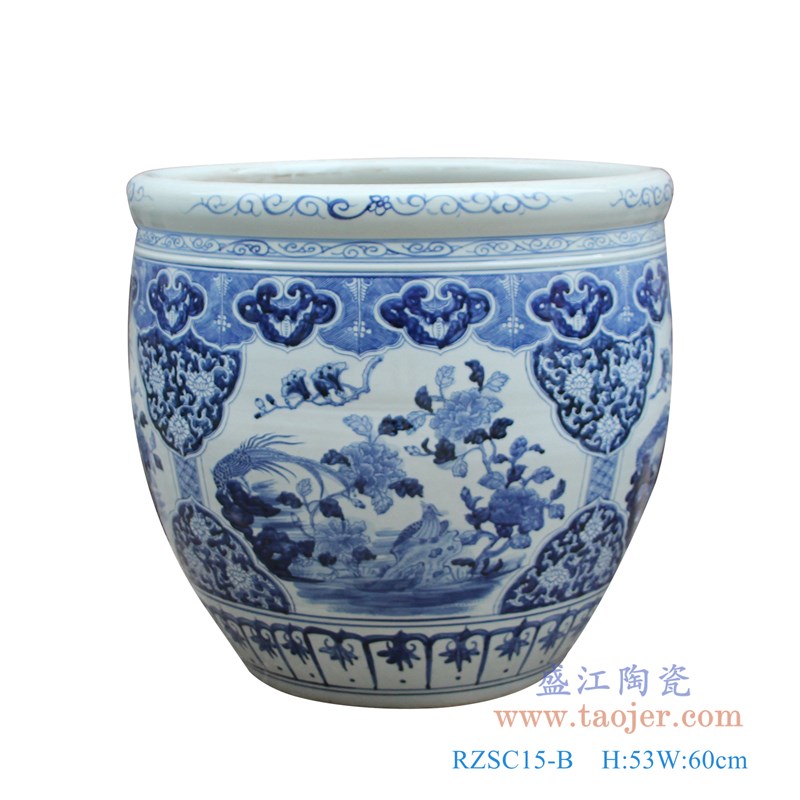 大号青花花鸟大缸;产品编号:RZSC15-B 产品尺寸(单位cm): 高:53直径:60口径:57底径:重量:KG