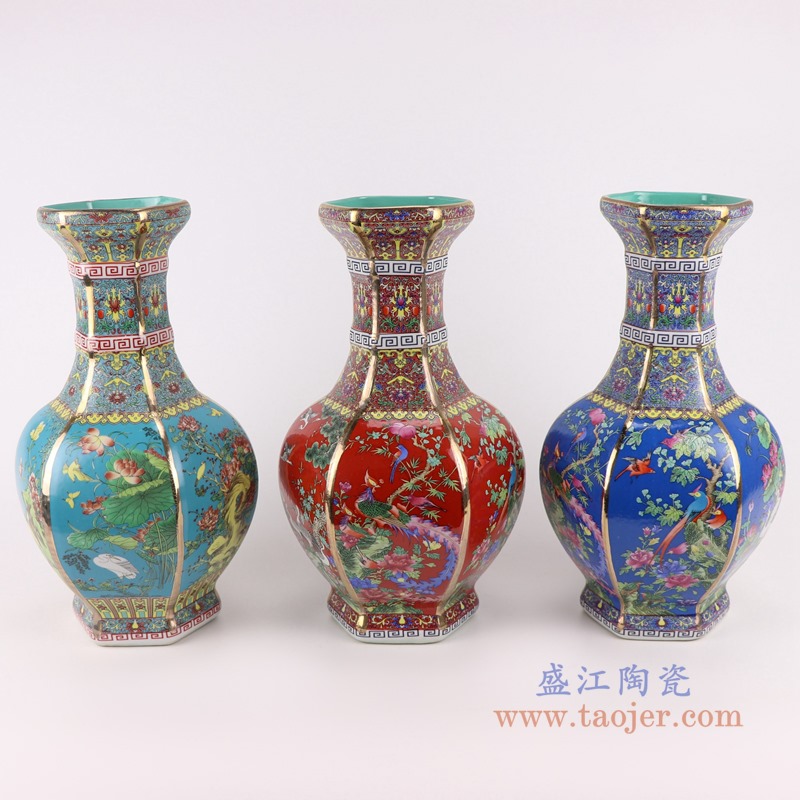 珐琅彩粉彩描金六方红底花鸟花瓶中号;产品编号:RYRJ18-H 产品尺寸(单位cm): 高:32直径:18.5口径:底径:重量:KG