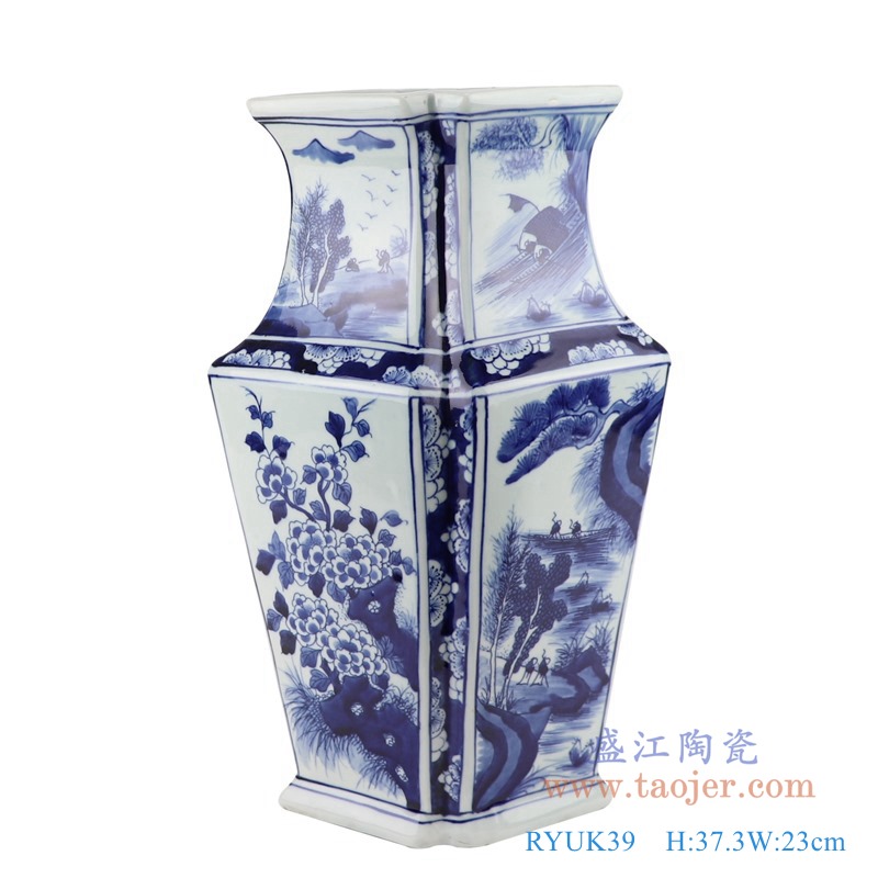 青花花鸟菱形花瓶异形花瓶;产品编号:RYUK39 产品尺寸(单位cm): 高:37.3直径:23口径:18底径:17重量:2.3KG