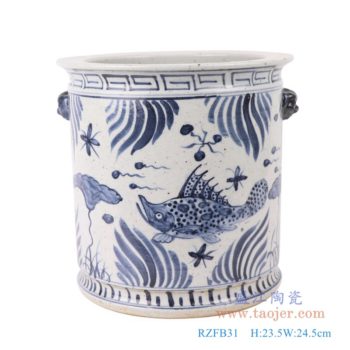 RZFB31     青花鱼草鱼藻纹狮子头直筒小缸；  高：23.5直径：24.5口径：23底径：20..3重量：4.25KG