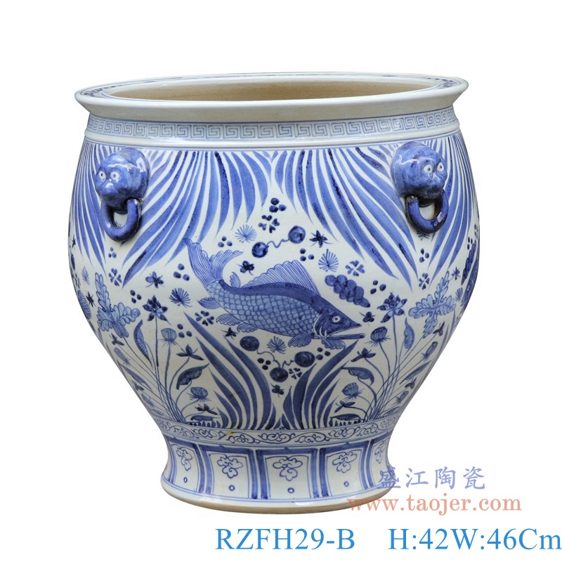 青花鱼草鱼藻纹狮子头大缸-高41中号;产品编号:RZFH29-B 产品尺寸(单位cm): 高:42直径:43口径:底径:重量:KG