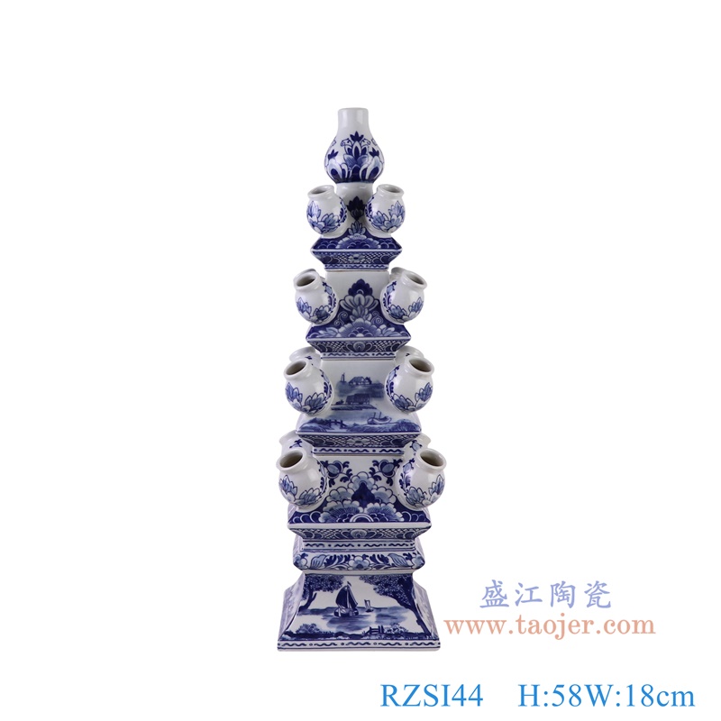 青花山水花卉多口插花宝塔,产品编号:RZSI44 产品尺寸(单位cm): 高58直径18口径底径17重量5.55KG