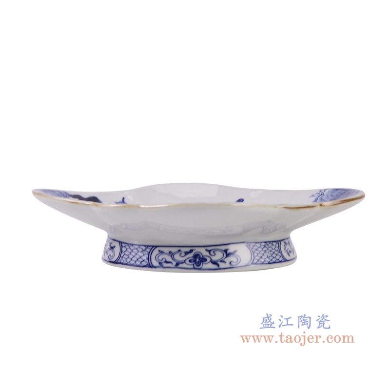 青花山水高脚盘,产品编号:RZSI41 产品尺寸(单位cm): 高6.5直径27.8口径底径16.5/13.5重量1KG