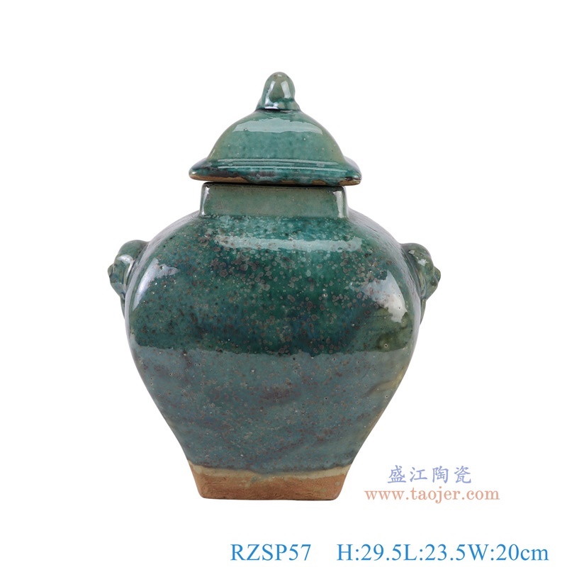 窑变绿色狮头耳四方盖罐将军罐,产品编号:RZSP57 产品尺寸(单位cm): 高29.5直径23.5口径底径10重量2.6KG