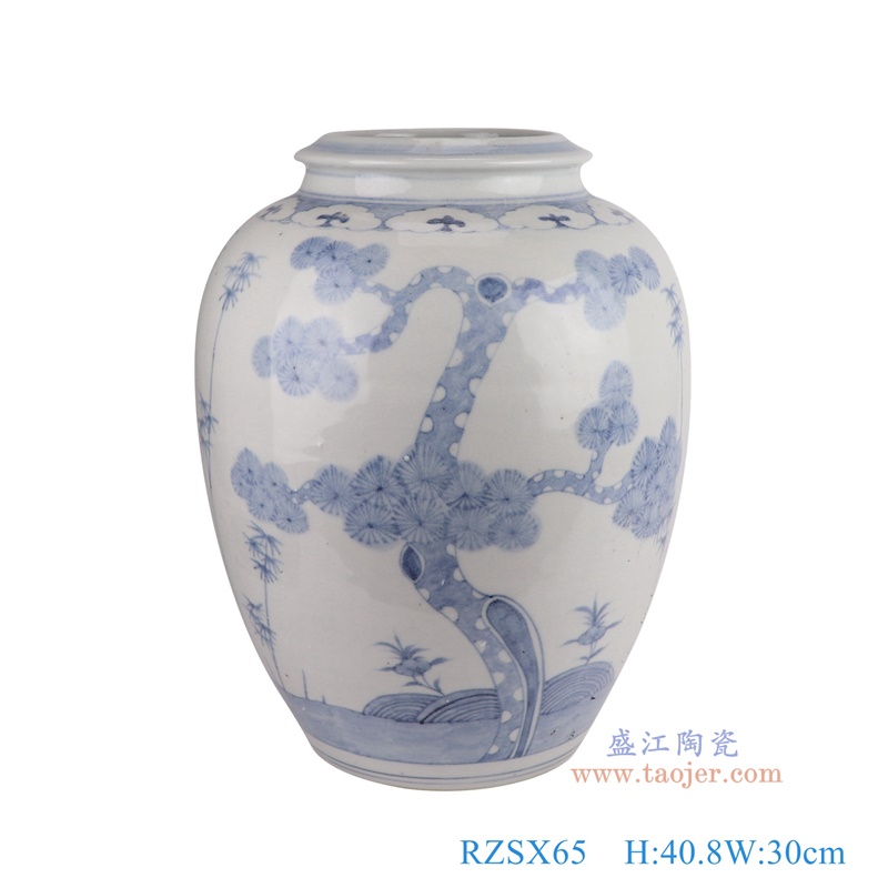 青花松竹梅冬瓜罐,产品编号:RZSX65 产品尺寸(单位cm): 高40.8直径30口径底径16.5重量6.25KG