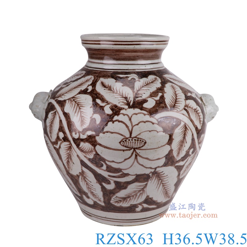 洪武釉里红狮子头耳花卉罐子，产品编号：RZSX63       产品尺寸(单位cm):  高直径口径底径重量KG