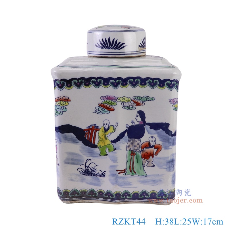 青花斗彩长方形人物罐，产品编号：RZKT44       产品尺寸(单位cm):  高38直径25口径底径23重量5.4KG