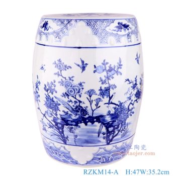 RZKM14-A   青花花鸟鼓凳凉墩，  高47直径35.2口径底径重量9.9KG