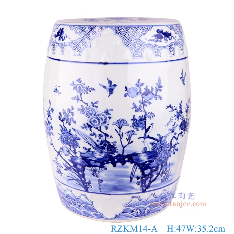 青花花鸟鼓凳凉墩,产品编号:RZKM14-A 产品尺寸(单位cm): 高47直径35.2口径底径重量9.9KG