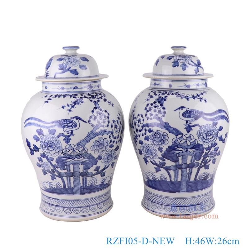 青花花鸟将军罐一对,产品编号:RZFI05-D-NEW 产品尺寸(单位cm): 高46直径26口径底径20重量6.3KG