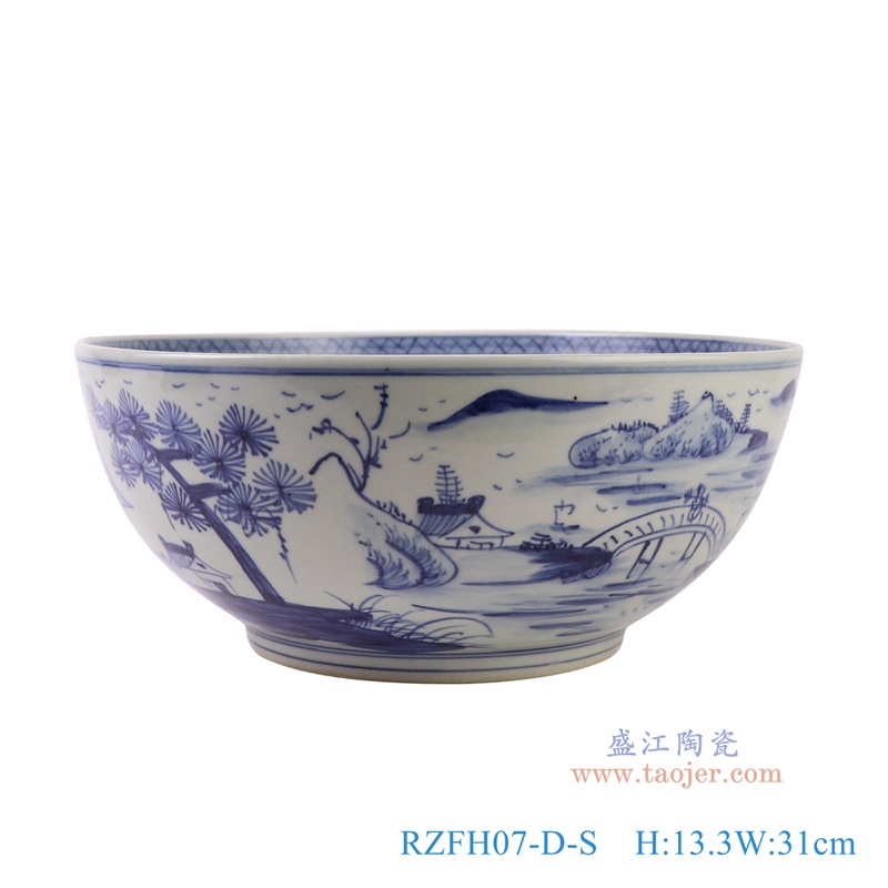 青花山水大碗,产品编号:RZFH07-D-S 产品尺寸(单位cm): 高13.3直径31口径底径16.3重量2.8KG