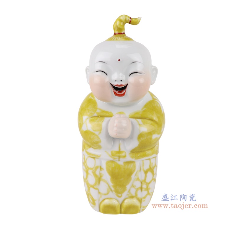 黄色恭喜发财娃娃孩童雕塑一对,产品编号:RXAT04 产品尺寸(单位cm): 高27.8直径12.5口径底径8.5重量1.75KG