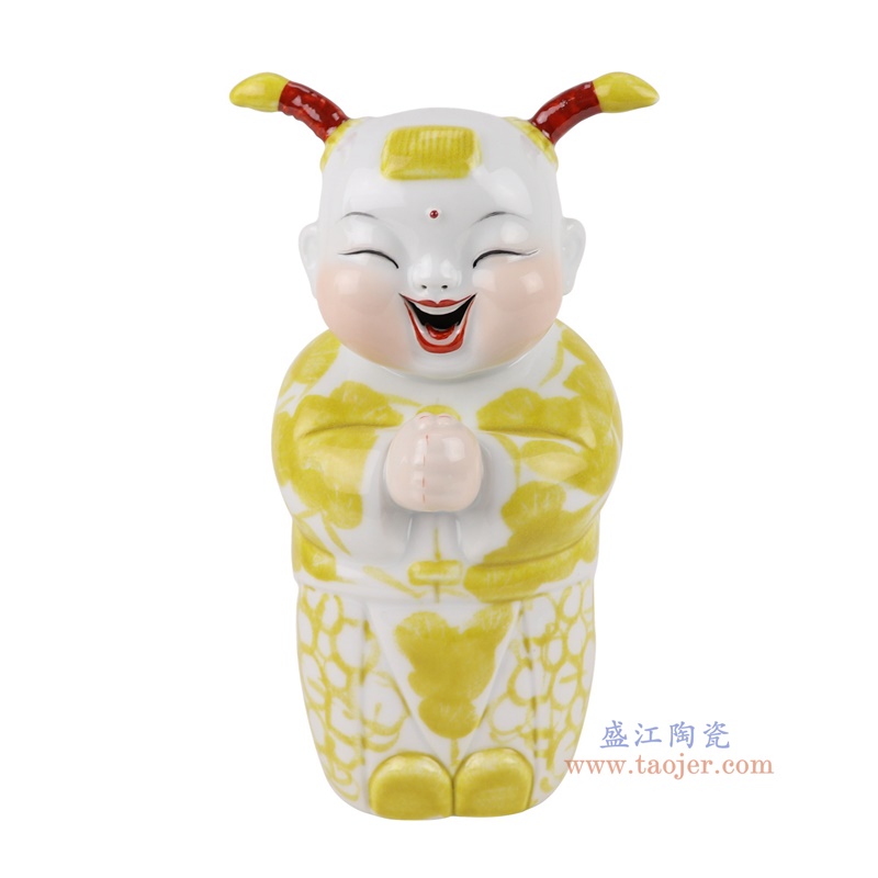 黄色恭喜发财娃娃孩童雕塑一对,产品编号:RXAT04 产品尺寸(单位cm): 高27.8直径12.5口径底径8.5重量1.75KG