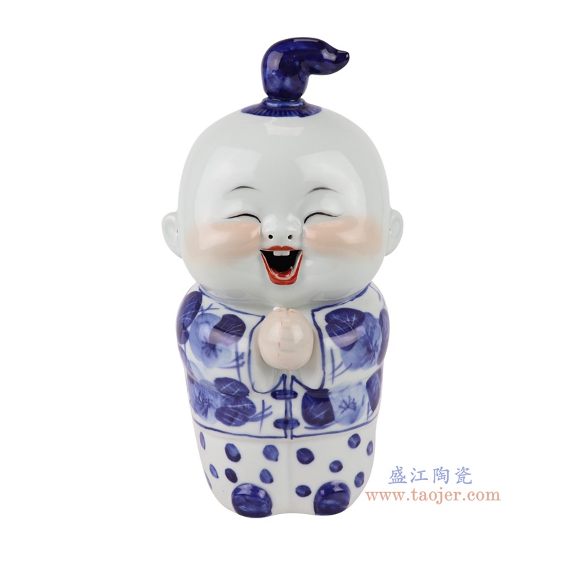 青花恭喜发财娃娃孩童雕塑一对,产品编号:RXAT03 产品尺寸(单位cm): 高26直径17.7口径底径10重量1.6KG