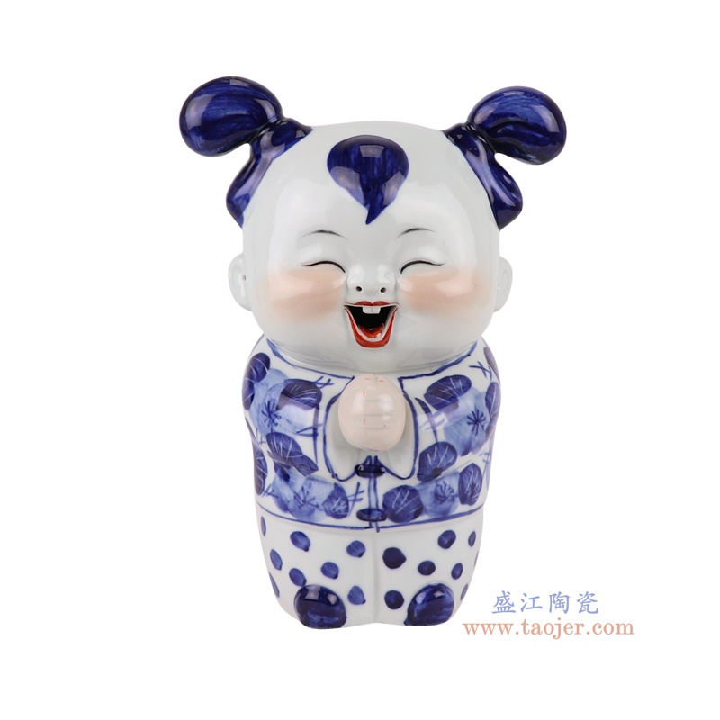 青花恭喜发财娃娃孩童雕塑一对,产品编号:RXAT03 产品尺寸(单位cm): 高26直径17.7口径底径10重量1.6KG