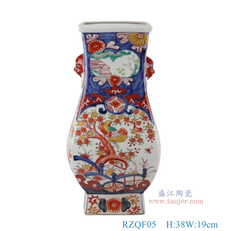 150件青花矾红花鸟四方福桶瓶，产品编号：RZQF05       产品尺寸(单位cm):  高38直径19口径底径16.2重量2.7KG