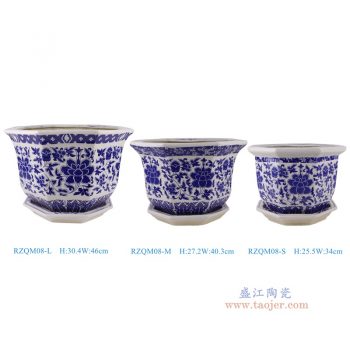 RZQM08-L-M-S  青花缠枝莲带托八角花盆大中小号三件套，
