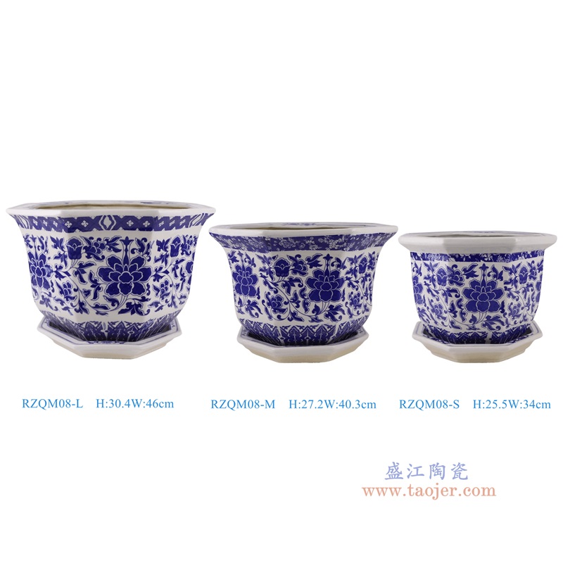 青花缠枝莲带托八角花盆大中小号三件套,产品编号:RZQM08-L-M-S 产品尺寸(单位cm): 高直径口径底径重量KG
