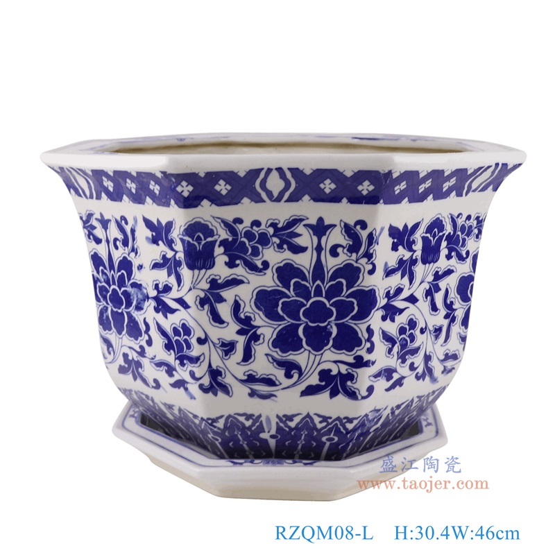 青花缠枝莲带托八角花盆大号,产品编号:RZQM08-L 产品尺寸(单位cm): 高30.4直径46口径底径27.5重量10.9KG