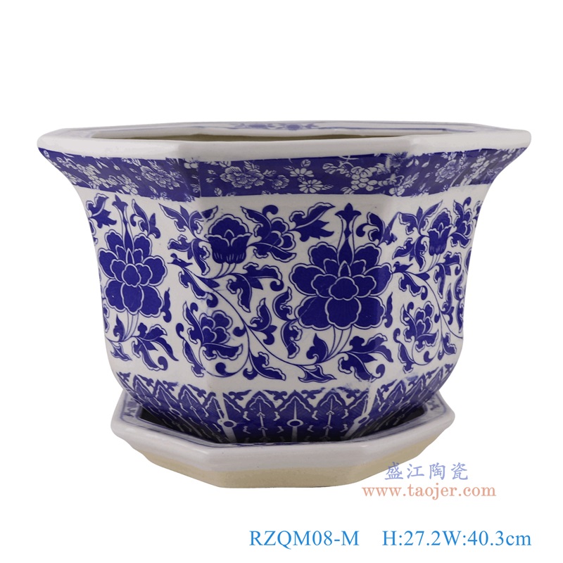 青花缠枝莲带托八角花盆中号,产品编号:RZQM08-M 产品尺寸(单位cm): 高27.2直径40.3口径底径24重量6.65KG