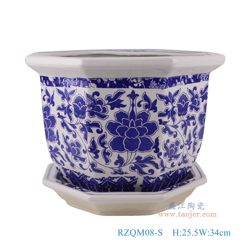 青花缠枝莲带托八角花盆小号,产品编号:RZQM08-S 产品尺寸(单位cm): 高25.5直径34口径底径21.5重量5.15KG