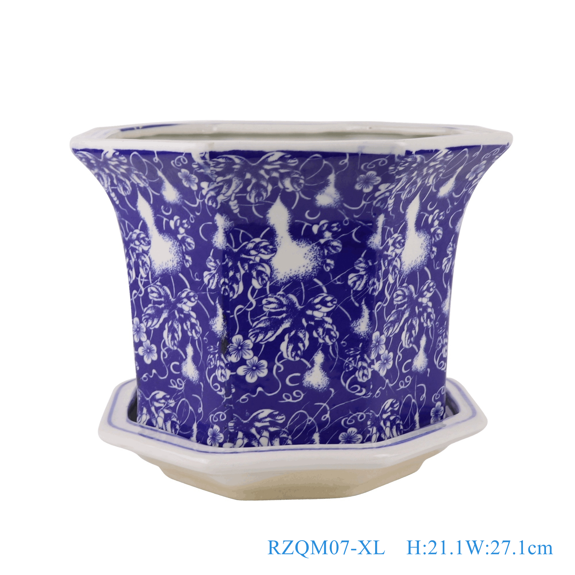 青花蓝底葫芦纹带托八角花盆特大号,产品编号:RZQM07-XL 产品尺寸(单位cm): 高21.1直径27.1口径底径17重量2.6KG
