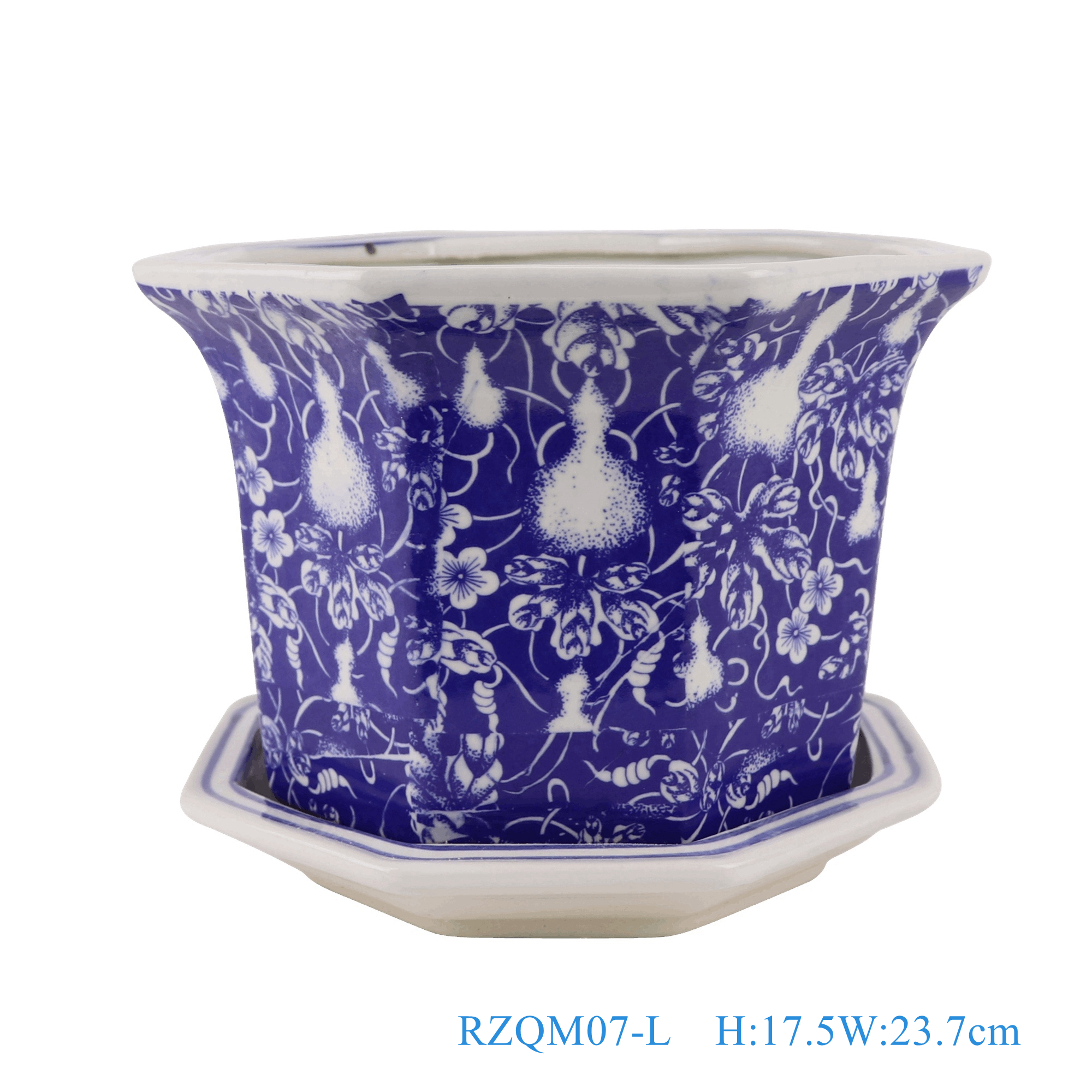 青花蓝底葫芦纹带托八角花盆大号,产品编号:RZQM07-L 产品尺寸(单位cm): 高17.5直径23.7口径底径15.2重量2.05KG