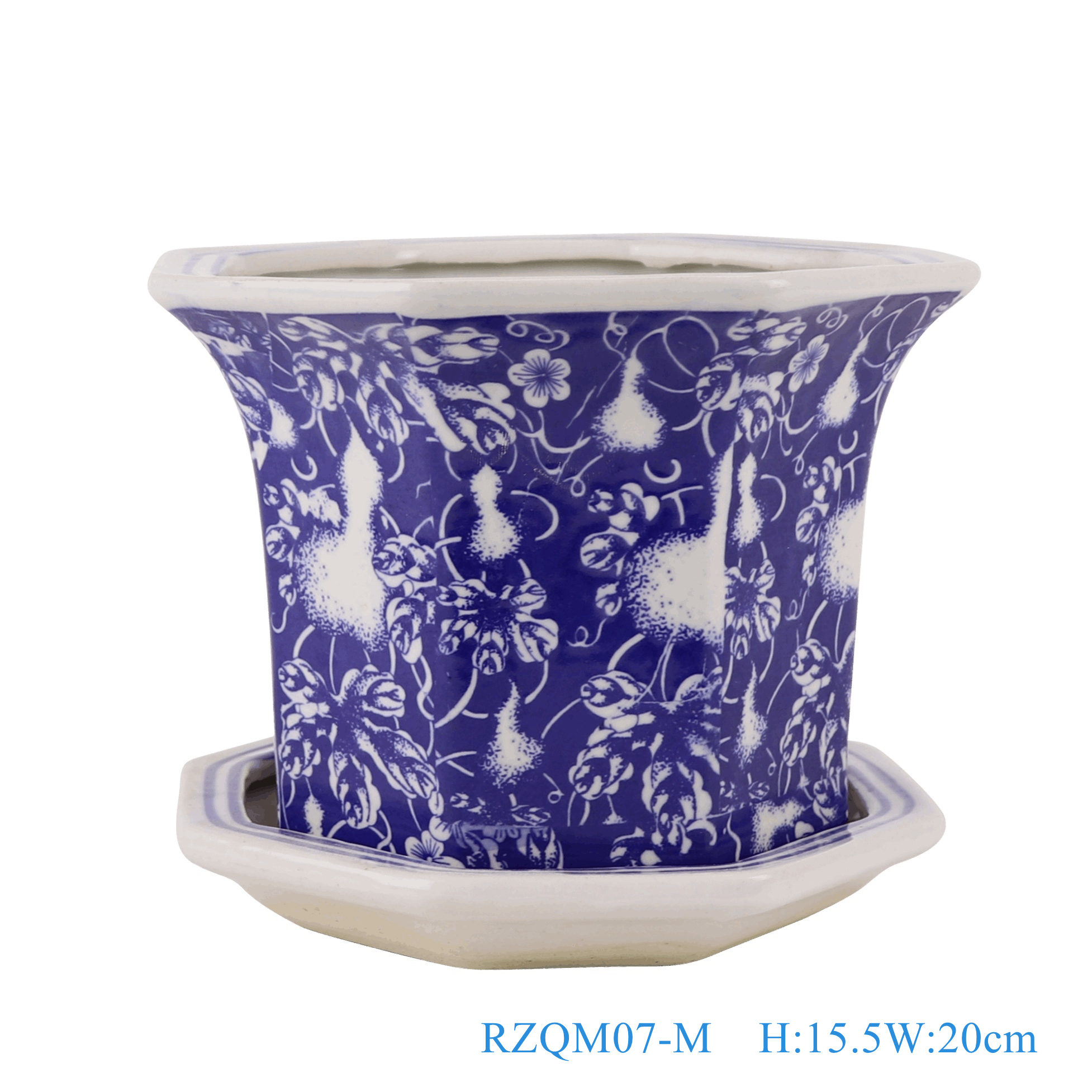 青花蓝底葫芦纹带托八角花盆中号,产品编号:RZQM07-M 产品尺寸(单位cm): 高15.5直径20口径底径12.7重量1.25KG