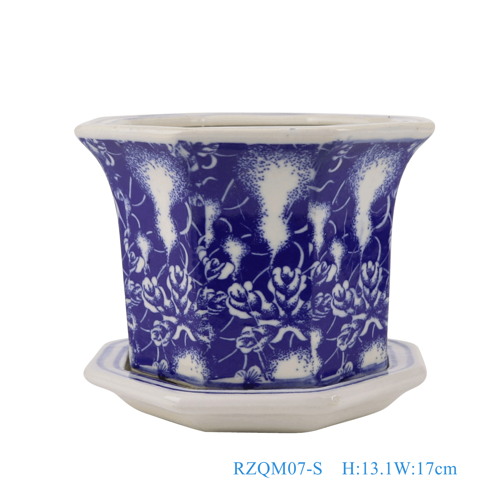 青花蓝底葫芦纹带托八角花盆小号,产品编号:RZQM07-S 产品尺寸(单位cm): 高13.1直径17口径底径11重量1KG