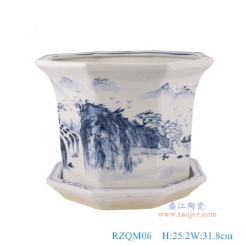 RZQM06   青花山水八角花盆，    高25.2直径31.8口径底径23.5重量4.5KG