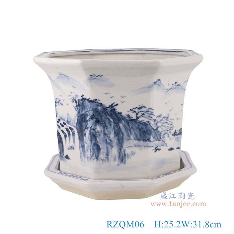 青花山水八角花盆,产品编号:RZQM06 产品尺寸(单位cm): 高25.2直径31.8口径底径23.5重量4.5KG