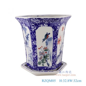 RZQM05   青花开窗梅兰竹菊花鸟带托八角花盆，  高32.8直径32口径底径21.5重量3.95KG
