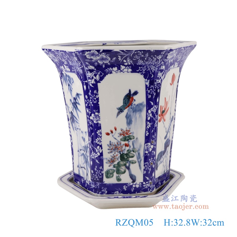 青花开窗梅兰竹菊花鸟带托八角花盆,产品编号:RZQM05 产品尺寸(单位cm): 高32.8直径32口径底径21.5重量3.95KG