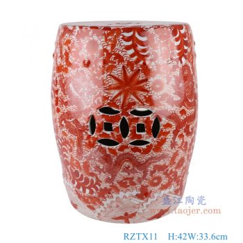 RZTX11    矾红九龙图铜钱孔鼓凳，    高42直径33.6口径底径26.1重量8.3KG